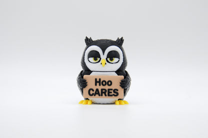 Black owl AWA sign reading Hoo Cares